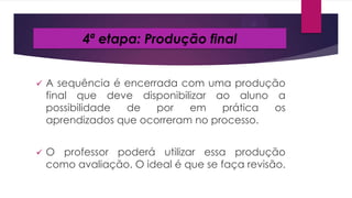 4ª etapa: Produção final



A sequência é encerrada com uma produção
final que deve disponibilizar ao aluno a
possibilidade
de
por
em
prática
os
aprendizados que ocorreram no processo.



O professor poderá utilizar essa produção
como avaliação. O ideal é que se faça revisão.

 
