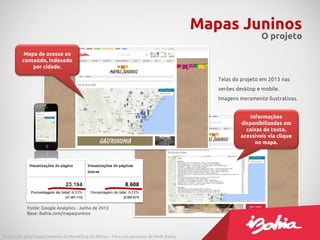 Mapas Juninos
O projeto
Produzido pelo Departamento de Marketing do iBahia – Para uso exclusivo da Rede Bahia.
Mapa de acesso ao
conteúdo, indexado
por cidade.
Informações
disponibilizadas em
caixas de texto,
acessíveis via clique
no mapa.
Telas do projeto em 2013 nas
verões desktop e mobile.
Imagens meramente ilustrativas.
Fonte: Google Analytics - Junho de 2013
Base: ibahia.com/mapasjuninos
 