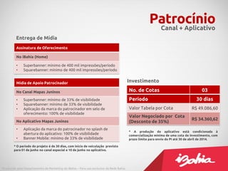 PatrocínioCanal + Aplicativo
Assinatura de Oferecimento
No iBahia (Home)
• Superbanner: mínimo de 400 mil impressões/período
• Squarebanner: mínimo de 400 mil impressões/período
Mídia de Apoio Patrocinador
No Canal Mapas Juninos
• Superbanner: mínimo de 33% de visibilidade
• Squarebanner: mínimo de 33% de visibilidade
• Aplicação da marca do patrocinador em selo de
oferecimento: 100% de visibilidade
No Aplicativo Mapas Juninos
• Aplicação da marca do patrocinador no splash de
abertura do aplicativo: 100% de visibilidade
• Banner Mobile: mínimo de 33% de visibilidade
Entrega de Mídia
* O período do projeto é de 30 dias, com início de veiculação previsto
para 01 de junho no canal especial e 10 de junho no aplicativo.
Produzido pelo Departamento de Marketing do iBahia – Para uso exclusivo da Rede Bahia.
No. de Cotas 03
Período 30 dias
Valor Tabela por Cota R$ 49.086,60
Valor Negociado por Cota
(Desconto de 35%)
R$ 34.360,62
Investimento
* A produção do aplicativo está condicionada à
comercialização mínima de uma cota de investimento, com
prazo limite para envio do PI até 30 de abril de 2014.
 