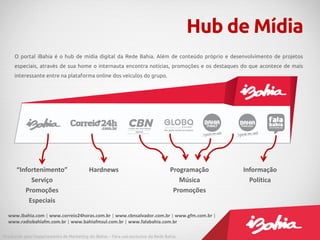 O portal iBahia é o hub de mídia digital da Rede Bahia. Além de conteúdo próprio e desenvolvimento de projetos
especiais, através de sua home o internauta encontra notícias, promoções e os destaques do que acontece de mais
interessante entre na plataforma online dos veículos do grupo.
Hub de Mídia
“Infortenimento”
Serviço
Promoções
Especiais
Hardnews Informação
Política
Programação
Música
Promoções
www.ibahia.com | www.correio24horas.com.br | www.cbnsalvador.com.br | www.gfm.com.br |
www.radiobahiafm.com.br | www.bahiafmsul.com.br | www.falabahia.com.br
Produzido pelo Departamento de Marketing do iBahia – Para uso exclusivo da Rede Bahia.
 