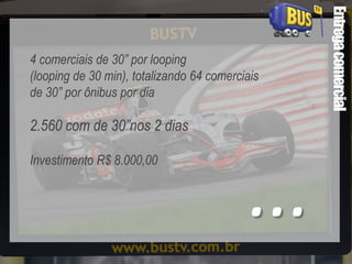 Entregacomercial
4 comerciais de 30” por looping
(looping de 30 min), totalizando 64 comerciais
de 30” por ônibus por dia
Investimento R$ 8.000,00
2.560 com de 30”nos 2 dias
...
 