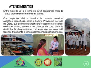 ATENDIMENTOS
Entre maio de 2010 e junho de 2012, realizamos mais de
10.000 atendimentos na área da saúde.

Com aspectos básicos tratados foi possível examinar
questões específicas, como o Exame Preventivo do Colo
do Útero, que permite diagnosticar precocemente o câncer
uterino e, assim, aumentar as chances de cura. Uma da
ribeirinha foi diagnosticada com essa doença, mas está
fazendo tratamento e sendo acompanhada por um médico.
voluntário do projeto.




                                                           15
 