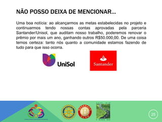 NÃO POSSO DEIXA DE MENCIONAR...
Uma boa notícia: ao alcançarmos as metas estabelecidas no projeto e
continuarmos tendo nossas contas aprovadas pela parceria
Santander/Unisol, que auditam nosso trabalho, poderemos renovar o
prêmio por mais um ano, ganhando outros R$50.000,00. De uma coisa
temos certeza: tanto nós quanto a comunidade estamos fazendo de
tudo para que isso ocorra.




                                                                      25
 