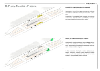 ESTAÇÃO INTER 2
INTEGRAÇÃO COM TRANSPORTE POR DEMANDA
Implantação de remanso com vagas exclusivas para embarque
e desembarque, podendo ser usadas por caronas, taxis e aplica-
tivos.
As estações do Inter 2 passam a ser pontos de referência para
deslocamentos, abrigando também a possibilidade de transporte
sob demanda, ampliando a experiência do usuário.
OFERTA DE COMÉRCIO E SERVIÇOS RÁPIDOS
Implantação de área estruturada para utilização flexível de com-
erciantes como food-trucks, carrinhos e bancas de feira, entre
outros. Melhor integração com estruturas já existentes como ban-
cas de revistas e comércio em geral.
A oferta de produtos, alimentação e serviços rápidos aos pas-
sageiros proporciona dinamismo a área da estação, podendo
ampliar a experiência do usuário além do simples deslocamento,
tornando-a mais confortável, prática e prazerosa.
04. Projeto Protótipo - Proposta
 