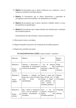 b) Hipótese 2: pressupomos que os alunos colaborem com o professor e com os 
colegas na resolução da atividade proposta.
c) Hipótese   3:   Pressupomos   que   os   alunos   desenvolvam   a   capacidade   de 
investigação na busca de resultados e do entendimento do conteúdo.
d) Hipótese 4: pressupomos que os alunos valorizem o trabalho coletivo e a troca 
de experiência na aprendizagem.
e) Hipótese 5: pressupomos que o tempo estimado seja suficiente para a realização 
das atividades propostas.
O procedimento de coleta de dados se dará da seguinte forma:
    1)  Observação de todas as atividades;
    2)  Registro fotográfico do processo de construção das atividades propostas.
    3)  Registro dos resultados das tarefas. 
PLANEJAMENTO DAS AÇÕES ( tempo estimado:  4 períodos )
Momento Objetivo Ação Recurso 
didático
Momento 1
Tempo:   45 
minutos
Valorizar   e   desenvolver   a 
capacidade   de   investigação 
na busca de resultados.
  Uso   de   material 
concreto   para 
aproximar o aluno da 
realidade.
Folhas, 
cartões,rece
itas 
culinárias
Momento 2:
Tempo:   45 
minutos.
Estimular   o   trabalho   em 
grupo para a troca de idéias 
como   forma   de 
aprendizagem.   
    
Deixar   o   aluno   livre 
para discutir com os 
colegas   e   chegar   a 
uma   conclusão     de 
como   resolver   as 
atividades propostas.
Caderno, 
lápis 
,livros,jogos
Momento 3: 
Tempo   :   45 
minutos
Que o aluno se familiarize 
com o uso do softwares   e 
construa   corretamente   as 
atividades.
Com   o   uso   do 
software , construir as 
figuras     das 
atividades propostas.
Computado
r   e 
softwares
 