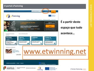 WWW.ETWINNING.NET
O portal eTwinning




                               É a partir deste
                               espaço que tudo
                               acontece…




                     www.etwinning.net
                                      | Portal eTwinning >>>
 