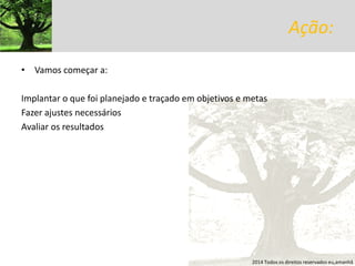 Ação: 
•Vamos começar a: 
Implantar o que foi planejado e traçado em objetivos e metas 
Fazer ajustes necessários 
Avaliar os resultados 
2014 Todos os direitos reservados eu,amanhã  