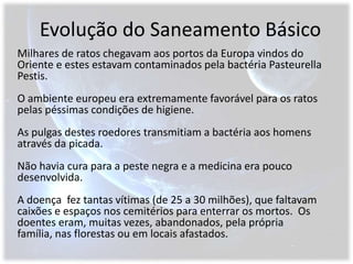 Evolução do Saneamento BásicoMilhares de ratos chegavam aos portos da Europa vindos do Oriente e estes estavam contaminados pela bactéria PasteurellaPestis. O ambiente europeu era extremamente favorável para os ratos pelas péssimas condições de higiene.As pulgas destes roedores transmitiam a bactéria aos homens através da picada. Não havia cura para a peste negra e a medicina era pouco desenvolvida. A doença  fez tantas vítimas (de 25 a 30 milhões), que faltavam caixões e espaços nos cemitérios para enterrar os mortos.  Os doentes eram, muitas vezes, abandonados, pela própria família, nas florestas ou em locais afastados. 