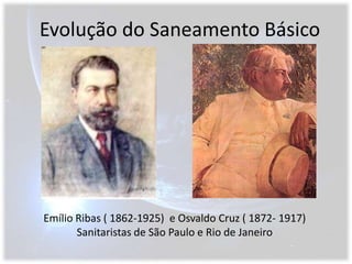 Evolução do Saneamento BásicoEmílio Ribas ( 1862-1925)  e Osvaldo Cruz ( 1872- 1917)Sanitaristas de São Paulo e Rio de Janeiro