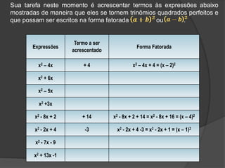 Expressões
Termo a ser
acrescentado
Forma Fatorada
x2 – 4x + 4 x2 – 4x + 4 = (x – 2)2
x2 + 6x
x2 – 5x
x2 +3x
x2 - 8x + 2 + 14 x2 - 8x + 2 + 14 = x2 - 8x + 16 = (x – 4)2
x2 - 2x + 4 -3 x2 - 2x + 4 -3 = x2 - 2x + 1 = (x – 1)2
x2 - 7x - 9
x2 + 13x -1
Sua tarefa neste momento é acrescentar termos às expressões abaixo
mostradas de maneira que eles se tornem trinômios quadrados perfeitos e
que possam ser escritos na forma fatorada ou .
 