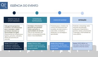 ESSÊNCIA DO EVENTO
PERSPECTIVAS DE
OPORTUNIDADES
ESTRATÉGIAS
EMPRESARIAIS
CASOS DE SUCESSO INTERAÇÃO
Visão geral da perspectiva
econômica e de infraestrutura
para o município e região,
permitindo vislumbrar as
oportunidades da região:
Investimentos em infraestrutura
logística, portuária, rodoviária,
setores da economia em
ascensão.
Estratégias e ferramentas
gerenciais que permitem
melhor aproveitar as
oportunidades de mercado.
Trata-se de conteúdos que
levam a uma perspectiva ainda
maior e mais desafiadora.
Pretende passar a história de
sucesso de empresários bem
sucedidos, de onde vieram, a
onde estão, os desafios e
obstáculos e as estratégias e
aprendizado.
Forma: Palestras sobre
perspectiva e tendências
econômicas, investimentos
estruturais e de infraestrutura.
Forma: Palestras sobre
estratégias empresariais para
enfrentar a crise, aproveitando
as oportunidades..
Forma: Mesa Redonda
representantes do Mercado –
Comércio e Indústria, Governo e
Universidade.
Pretende a networking entre
discentes da graduação,
professores, empresários e
gerentes lojistas, preconizando
a interação e informalidade do
nosso público.
Forma: COFFE BREAK nos
intervalos e final do evento e
coquetel ao final do evento.
 