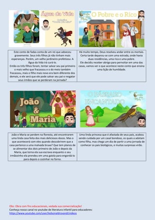Obs: Obra com fins educacionais, vedada sua comercialização!
Conheça nosso canal no youtube de literatura infantil para educadores:
https://www.youtube.com/user/ledsonaldrovandi/videos
Este conto de fadas conta de um rei que adoeceu
gravemente. Seus três filhos já não tinham mais
esperanças. Porém, um velho jardineiro profetizou: A
Água da Vida irá curá-lo.
Então os três filhos foram, tentar salvar seu pai primeiro
o mais velho que fracassou e o do meio também
fracassou, mais o filho mais novo era bem diferente dos
demais, e ele será que ele pode salvar seu pai e resgatar
seus irmãos que se perderam na jornada?
Há muito tempo, Deus resolveu andar entre os mortais.
Certa tarde deparou-se com uma estrada, onde havia
duas residências, uma rica e uma pobre.
Ele decidiu receber abrigo para pernoitar em uma das
casas, vamos ver o que acontece neste conto que ensina
uma lição de humildade.
João e Maria se perdem na floresta, até encontrarem
uma linda casa feita dos mais deliciosos doces. Mas o
que acontecerá com eles quando descobrirem que a
casa pertence a uma malvada bruxa? Que tem planos de
se alimentar dos dois primeiro de João e depois da
Maria, que torna ela sua escrava enquanto o seu
irmãozinho ela prendeu em uma gaiola para engordá-lo
para depois o cozinhar no forno.
Uma linda princesa que é afastada de seus pais, acabou
sendo cuidada por um casal bondoso, os quais a adotam
como filha, mas chega um dia de partir a uma jornada de
conhecer os pais biológicos, e muitas surpresas virão.
 