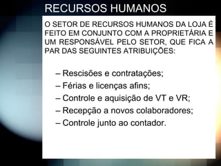 RECURSOS HUMANOS
O SETOR DE RECURSOS HUMANOS DA LOJA É
FEITO EM CONJUNTO COM A PROPRIETÁRIA E
UM RESPONSÁVEL PELO SETOR, QUE FICA A
PAR DAS SEGUINTES ATRIBUIÇÕES:


  – Rescisões e contratações;
  – Férias e licenças afins;
  – Controle e aquisição de VT e VR;
  – Recepção a novos colaboradores;
  – Controle junto ao contador.
 