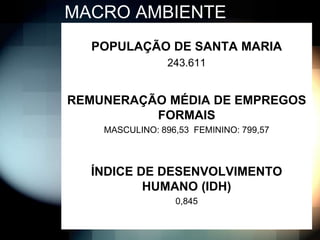 MACRO AMBIENTE
  POPULAÇÃO DE SANTA MARIA
                 243.611


REMUNERAÇÃO MÉDIA DE EMPREGOS
          FORMAIS
    MASCULINO: 896,53 FEMININO: 799,57



  ÍNDICE DE DESENVOLVIMENTO
          HUMANO (IDH)
                  0,845
 