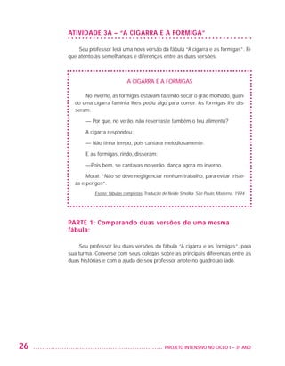 Atividade 3A – “A cigarra e a formiga”

                             Seu professor lerá uma nova versão da fábula “A cigarra e as formigas”. Fi-
                         que atento às semelhanças e diferenças entre as duas versões.



                                                    A cigarra e a formigas

                               No inverno, as formigas estavam fazendo secar o grão molhado, quan-
                           do uma cigarra faminta lhes pediu algo para comer. As formigas lhe dis-
                           seram:

                                — Por que, no verão, não reservaste também o teu alimento?

                                A cigarra respondeu:

                                — Não tinha tempo, pois cantava melodiosamente.

                                E as formigas, rindo, disseram:

                                —Pois bem, se cantavas no verão, dança agora no inverno.

                                Moral: “Não se deve negligenciar nenhum trabalho, para evitar triste-
                           za e perigos”.
                                    Esopo: fábulas completas. Tradução de Neide Smolka. São Paulo, Moderna, 1994




                         PARTE 1: Comparando duas versões de uma mesma
                         fábula:

                             Seu professor leu duas versões da fábula “A cigarra e as formigas”, para
                         sua turma. Converse com seus colegas sobre as principais diferenças entre as
                         duas histórias e com a ajuda de seu professor anote no quadro ao lado.




         26                                                          	 PROJETO INTENSIVO NO CICLO I – 3O ANO




25983004 miolo.indd 26                                                                                             29.01.08 16:47:45
 
