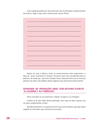 Com a ajuda do professor, faça uma lista com os principais acontecimentos
                         da história. Copie o que vocês conversaram nestas linhas.



                             ––––––––––––––––––––––––––––––––––––––––––––––––––––––––

                             ––––––––––––––––––––––––––––––––––––––––––––––––––––––––

                             ––––––––––––––––––––––––––––––––––––––––––––––––––––––––

                             ––––––––––––––––––––––––––––––––––––––––––––––––––––––––

                             ––––––––––––––––––––––––––––––––––––––––––––––––––––––––

                             ––––––––––––––––––––––––––––––––––––––––––––––––––––––––

                             ––––––––––––––––––––––––––––––––––––––––––––––––––––––––

                             ––––––––––––––––––––––––––––––––––––––––––––––––––––––––

                             ––––––––––––––––––––––––––––––––––––––––––––––––––––––––

                             ––––––––––––––––––––––––––––––––––––––––––––––––––––––––



                              Depois de ouvir a fábula e listar os acontecimentos mais importantes, é
                         hora de vocês recontarem a história. Procurem fazer isso escolhendo bem as
                         palavras, de modo que fique bem contada. Vocês não precisam usar as mesmas
                         palavras do texto, mas podem utilizar algumas que parecerem interessantes.



                         Atividade 3B: produção oral com destino escrito
                         “A cigarra e as formigas”

                             Vocês vão ditar ao seu professor a fábula “A cigarra e as formigas”.

                              Lembre-se de que todos devem participar, mas cada um deve esperar sua
                         vez para complementar o texto.

                              Quando terminarem, seu professor lerá o que vocês ditaram, para que todos
                         sugiram as alterações que acharem necessárias.




         28                                                     	 PROJETO INTENSIVO NO CICLO I – 3O ANO




25983004 miolo.indd 28                                                                                    29.01.08 16:47:45
 