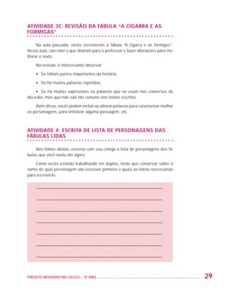 Atividade 3C: revisão da fábula “A cigarra e as
                   formigas”

                        Na aula passada, vocês escreveram a fábula “A cigarra e as formigas”.
                   Nesta aula, vão reler o que ditaram para o professor e fazer alterações para me-
                   lhorar o texto.

                         Na revisão, é interessante observar:

                         •	 Se faltam partes importantes da história;

                         •	 Se há muitas palavras repetidas;

                         •	 Se há muitas expressões ou palavras que se usam nas conversas do
                   dia-a-dia, mas que não são tão comuns nos textos escritos.

                       Além disso, vocês podem incluir ou alterar palavras para caracterizar melhor
                   as personagens, para enfatizar alguma passagem, etc.



                   Atividade 4: Escrita de lista de personagens das
                   fábulas lidas

                       Nas linhas abaixo, escreva com seu colega a lista de personagens das fá-
                   bulas que você ouviu até agora.

                       Como vocês estarão trabalhando em duplas, terão que conversar sobre o
                   nome de qual personagem vão escrever primeiro e quais as letras necessárias
                   para escrevê-lo.


                         ––––––––––––––––––––––––––––––––––––––––––––––––––––––––

                         ––––––––––––––––––––––––––––––––––––––––––––––––––––––––

                         ––––––––––––––––––––––––––––––––––––––––––––––––––––––––

                         ––––––––––––––––––––––––––––––––––––––––––––––––––––––––

                         ––––––––––––––––––––––––––––––––––––––––––––––––––––––––

                         ––––––––––––––––––––––––––––––––––––––––––––––––––––––––

                         ––––––––––––––––––––––––––––––––––––––––––––––––––––––––



                   PROJETO INTENSIVO NO CICLO I – 3O ANO	                                             29


25983004 miolo.indd 29                                                                                29.01.08 16:47:45
 