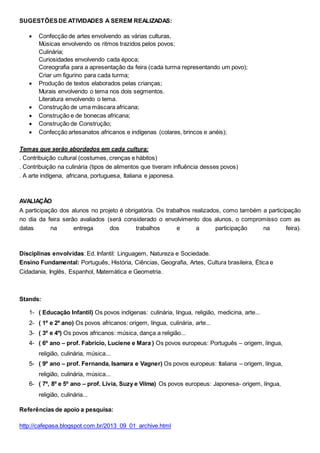 SUGESTÕESDE ATIVIDADES A SEREM REALIZADAS:
 Confecção de artes envolvendo as várias culturas,
Músicas envolvendo os ritmos trazidos pelos povos;
Culinária;
Curiosidades envolvendo cada época;
Coreografia para a apresentação da feira (cada turma representando um povo);
Criar um figurino para cada turma;
 Produção de textos elaborados pelas crianças;
Murais envolvendo o tema nos dois segmentos.
Literatura envolvendo o tema.
 Construção de uma máscara africana;
 Construção e de bonecas africana;
 Construção de Construção;
 Confecção artesanatos africanos e indígenas (colares, brincos e anéis);
Temas que serão abordados em cada cultura:
. Contribuição cultural (costumes, crenças e hábitos)
. Contribuição na culinária (tipos de alimentos que tiveram influência desses povos)
. A arte indígena, africana, portuguesa, Italiana e japonesa.
AVALIAÇÃO
A participação dos alunos no projeto é obrigatória. Os trabalhos realizados, como também a participação
no dia da feira serão avaliados (será considerado o envolvimento dos alunos, o compromisso com as
datas na entrega dos trabalhos e a participação na feira).
Disciplinas envolvidas: Ed. Infantil: Linguagem, Natureza e Sociedade.
Ensino Fundamental: Português, História, Ciências, Geografia, Artes, Cultura brasileira, Ética e
Cidadania, Inglês, Espanhol, Matemática e Geometria.
Stands:
1- ( Educação Infantil) Os povos indígenas: culinária, língua, religião, medicina, arte...
2- ( 1º e 2º ano) Os povos africanos: origem, língua, culinária, arte...
3- ( 3º e 4º) Os povos africanos: música, dança a religião...
4- ( 6º ano – prof. Fabrício, Luciene e Mara ) Os povos europeus: Português – origem, língua,
religião, culinária, música...
5- ( 9º ano – prof. Fernanda, Isamara e Vagner) Os povos europeus: Italiana – origem, língua,
religião, culinária, música...
6- ( 7º, 8º e 5º ano – prof. Lívia, Suzy e Vilma) Os povos europeus: Japonesa- origem, língua,
religião, culinária...
Referências de apoio a pesquisa:
http://cafepasa.blogspot.com.br/2013_09_01_archive.html
 