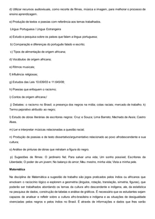 d) Utilizar recursos audiovisuais, como recorte de filmes, música e imagem, para melhorar o processo de
ensino aprendizagem.
e) Produção de textos e poesias com referência aos temas trabalhados.
Língua Portuguesa / Língua Estrangeira
a) Estudo e pesquisa sobre os países que falam a língua portuguesa;
b) Comparação e diferenças do português falado e escrito;
c) Tipos de alimentação de origem africana;
d) Vocábulos de origem africana;
e) Ritmos musicais;
f) Influência religiosas;
g) Estudos das Leis 10.639/03 e 11.645/08;
h) Poesias que enfoquem o racismo;
i) Contos de origem africana;/
j) Debates: o racismo no Brasil; a presença dos negros na mídia; cotas raciais; mercado de trabalho. k)
Termo pejorativo atribuído ao negro;
l) Estudo de obras literárias de escritores negros: Cruz e Souza; Lima Barreto; Machado de Assis; Castro
Alves.
m) Ler e interpretar músicas relacionadas a questão racial;
n) Produção de poesias e de texto dissertativo/argumentativo relacionado ao povo afrodescendente e sua
cultura;
o) Análise de pinturas de obras que retratam a figura do negro.
p) Sugestões de filmes: O jardineiro fiel; Para salvar uma vida; Um sonho possível; Escritores da
Liberdade; O poder de um jovem; No balanço do amor; Meu mestre, minha vida; Vista a minha pele.
Matemática
Na disciplina de Matemática a sugestão de trabalho são jogos praticados pelos índios ou africanos que
envolvam o raciocínio lógico e explorem a geometria (ângulos, rotação, translação, simetria, figuras), que
poderão ser trabalhados abordando os temas da cultura afro descendente e indígena, ale, da estatística
na pesquisa de dados, construção de tabelas e análise de gráficos. É necessário que os estudantes sejam
capazes de analisar e refletir sobre a cultura afro-brasileira e indígena e as situações de desigualdade
vivenciadas pelos negros e pelos índios no Brasil. É através de informações e dados que lhes serão
 