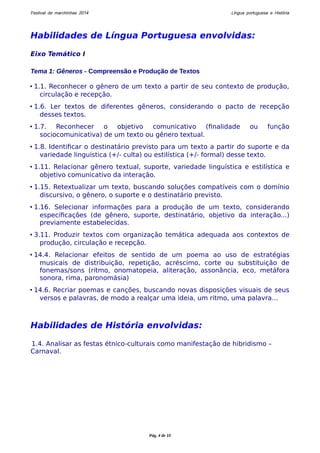 Festival de marchinhas 2014 Língua portuguesa e História 
Habilidades de Língua Portuguesa envolvidas: 
Eixo Temático I 
Tema 1: Gêneros - Compreensão e Produção de Textos 
• 1.1. Reconhecer o gênero de um texto a partir de seu contexto de produção, 
circulação e recepção. 
• 1.6. Ler textos de diferentes gêneros, considerando o pacto de recepção 
desses textos. 
• 1.7. Reconhecer o objetivo comunicativo (finalidade ou função 
sociocomunicativa) de um texto ou gênero textual. 
• 1.8. Identificar o destinatário previsto para um texto a partir do suporte e da 
variedade linguística (+/- culta) ou estilística (+/- formal) desse texto. 
• 1.11. Relacionar gênero textual, suporte, variedade linguística e estilística e 
objetivo comunicativo da interação. 
• 1.15. Retextualizar um texto, buscando soluções compatíveis com o domínio 
discursivo, o gênero, o suporte e o destinatário previsto. 
• 1.16. Selecionar informações para a produção de um texto, considerando 
especificações (de gênero, suporte, destinatário, objetivo da interação...) 
previamente estabelecidas. 
• 3.11. Produzir textos com organização temática adequada aos contextos de 
produção, circulação e recepção. 
• 14.4. Relacionar efeitos de sentido de um poema ao uso de estratégias 
musicais de distribuição, repetição, acréscimo, corte ou substituição de 
fonemas/sons (ritmo, onomatopeia, aliteração, assonância, eco, metáfora 
sonora, rima, paronomásia) 
• 14.6. Recriar poemas e canções, buscando novas disposições visuais de seus 
versos e palavras, de modo a realçar uma ideia, um ritmo, uma palavra... 
Habilidades de História envolvidas: 
1.4. Analisar as festas étnico-culturais como manifestação de hibridismo – 
Carnaval. 
Pág. 4 de 10 
 