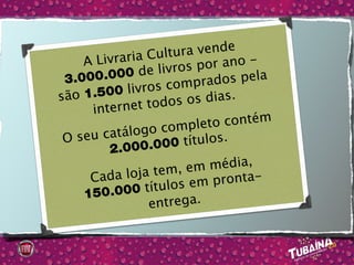 a Cultur   a vende
    A Livrari                or ano -
       .000 de     livros p
 3.000               comprad    os pela
 ão 1.50  0 livros
s
                todos o    s dias.
     internet
                                contém
         atálogo    completo
 O seu c                títulos.
        2.0  00.000
                  tem, em     média,
     Cada loja                pronta-
       0.000 t   ítulos em
    15
                entrega.
 