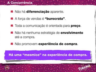 A Concorrência

    Não há diferenciação aparente.

    A força de vendas é “burocrata”.

    Toda a comunicação é orientada para preço.

    Não há nenhuma estratégia de envolvimento
    até a compra.

    Não promovem experiência de compra.


Há uma “mesmice” na experiência de compra.
 