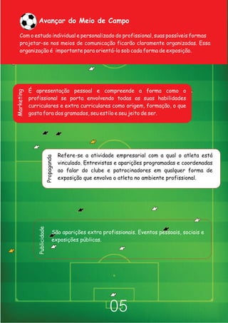 Avançar do Meio de Campo

    Com o estudo individual e personalizado do profissional, suas possíveis formas
    projetar-se nos meios de comunicação ficarão claramente organizadas. Essa
    organização é importante para orientá-lo sob cada forma de exposição.




            É apresentação pessoal e compreende a forma como o
Marketing




            profissional se porta envolvendo todas as suas habilidades
            curriculares e extra curriculares como origem, formação, o que
            gosta fora dos gramados, seu estilo e seu jeito de ser.




                                          Refere-se a atividade empresarial com a qual o atleta está
                             Propaganda




                                          vinculado. Entrevistas e aparições programadas e coordenadas
                                          ao falar do clube e patrocinadores em qualquer forma de
                                          exposição que envolva o atleta no ambiente profissional.
               Publicidade




                                     São aparições extra profissionais. Eventos pessoais, sociais e
                                     exposições públicas.




                                                              05
 