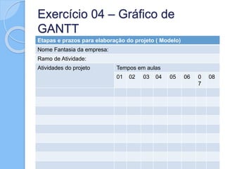 Exercício 04 – Gráfico de 
GANTT 
Etapas e prazos para elaboração do projeto ( Modelo) 
Nome Fantasia da empresa: 
Ramo de Atividade: 
Atividades do projeto Tempos em aulas 
01 02 03 04 05 06 0 
7 
08 
 