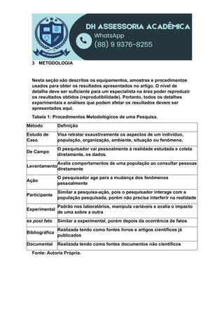 3 METODOLOGIA
Nesta seção são descritos os equipamentos, amostras e procedimentos
usados para obter os resultados apresentados no artigo. O nível de
detalhe deve ser suficiente para um especialista na área poder reproduzir
os resultados obtidos (reprodutibilidade). Portanto, todos os detalhes
experimentais e análises que podem afetar os resultados devem ser
apresentados aqui.
Tabela 1: Procedimentos Metodológicos de uma Pesquisa.
Método Definição
Estudo de
Caso
Visa retratar exaustivamente os aspectos de um indivíduo,
população, organização, ambiente, situação ou fenômeno.
De Campo
O pesquisador vai pessoalmente à realidade estudada e coleta
diretamente, os dados.
Levantamento
Avalia comportamentos de uma população ao consultar pessoas
diretamente
Ação
O pesquisador age para a mudança dos fenômenos
pessoalmente
Participante
Similar a pesquisa-ação, pois o pesquisador interage com a
população pesquisada, porém não precisa interferir na realidade
Experimental
Padrão nos laboratórios, manipula variáveis e avalia o impacto
de uma sobre a outra
ex post fato Similar a experimental, porém depois da ocorrência de fatos
Bibliográfica
Realizada tendo como fontes livros e artigos científicos já
publicados
Documental Realizada tendo como fontes documentos não científicos
Fonte: Autoria Própria.
 