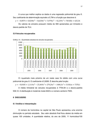 17
A curva que melhor explica os dados é uma regressão polinomial de grau 6.
Seu coeficiente de determinação equivale a 0,794 e a função que descreve é:
Os valores da amostra possuem média de 560 apreensões por trimestre e
desvio padrão de 76,4.
5.9 Veículos recuperados
Gráfico 14 – Quantidade absoluta de veículos recuperados
O r-quadrado mais próximo de um neste caso foi obtido com uma curva
polinomial de grau 6. O coeficiente é 0,9266. É descrita pela função:
A média trimestral de veículos recuperados é 7754,94 e o desvio-padrão
936,12. A distribuição é modal de moda 6422 e o número central é 7655.
6 DISCUSSÃO
6.1 Análise e interpretação
O número de homicídios na capital de São Paulo apresentou uma enorme
diminuição no período estudado. Seu valor absoluto final ficou abaixo da média em
quase 100 unidades. A quantidade relativa, do ano de 2009, 11 homicídios/100
0
2000
4000
6000
8000
10000
12000
1ºtrimestre
2ºtrimestre
3ºtrimestre
4ºtrimestre
1ºtrimestre
2ºtrimestre
3ºtrimestre
4ºtrimestre
1ºtrimestre
2ºtrimestre
3ºtrimestre
4ºtrimestre
1ºtrimestre
2ºtrimestre
3ºtrimestre
4ºtrimestre
1ºtrimestre
2ºtrimestre
3ºtrimestre
4ºtrimestre
2005 2006 2007 2008 2009
 