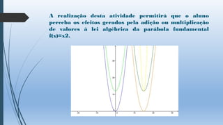 A realização desta atividade permitirá que o aluno
perceba os efeitos gerados pela adição ou multiplicação
de valores à lei algébrica da parábola fundamental
f(x)=x2.

 