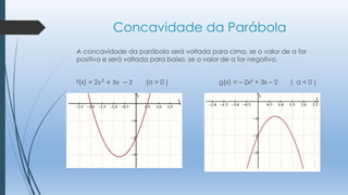 Concavidade da Parábola
A concavidade da parábola será voltada para cima, se o valor de a for
positivo e será voltada para baixo, se o valor de a for negativo.
f(x) = 2𝑥 2 + 3𝑥 − 2

(a > 0 )

g(x) = – 2x² + 3x – 2

( a<0)

 