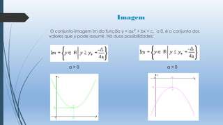 Imagem
O conjunto-imagem Im da função y = a𝑥 2 + bx + c, a 0, é o conjunto dos
valores que y pode assumir. Há duas possibilidades:

a>0

a<0

 