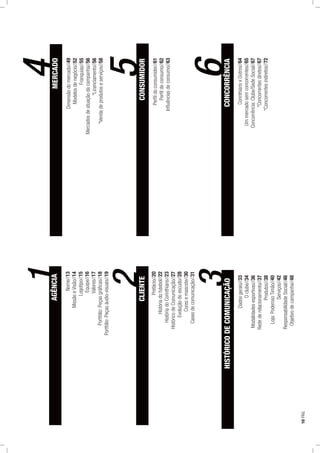 1AGÊNCIA
Nome//13
MissãoeVisão//14
Logotipo//15
Equipe//16
Valores//17
Portfólio:Peçasgráﬁcas//18
Portfólio:Peçasáudio-visuais//19
2CLIENTE
Prefácio//20
Históriadofutebol//22
HistóriadoCorinthians//23
HistóricodeComunicação//27
Evoluçãodoescudo//28
Coresemascote//30
Casesdecomunicação//31
3HISTÓRICODECOMUNICAÇÃO
Dadosgerais//33
Oclube//34
Modalidadesesportivas//36
Redederelacionamento//37
Produtos//38
Loja:PoderosoTimão//40
Serviços//42
ResponsabilidadeSocial//46
Objetivodecampanha//48
4MERCADO
Dimensãodomercado//49
Modelosdenegócio//52
Franquias//55
Mercadosdeatuaçãodacampanha//56
*Licenciamento//56
*Vendadeprodutoseserviços//58
5CONSUMIDOR
Perﬁldoconsumidor//61
Perﬁldeconsumo//62
Inﬂuênciasdeconsumo//63
6CONCORRÊNCIA
CorinthiansxOutros//64
Ummercadosemconcorrentes//65
Concorrência:Clube/SedeSocial//67
*Concorrentesdiretos//67
*Concorrentesindiretos//72
10PÁG.
 