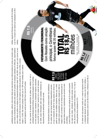 qualidadedosestádios,violência,entreoutros.Nestecasovalelembrarqueafaltadeestrelasemcampo,porexemplo,éalgo
queresultanodesinteressedopúblicopeloesporteemquestão.Empesquisasrealizadasem2006pelaCasualAuditores
sobreamédiadepúblicoemediçõesdoCampeonatoBrasileirodesde1971até2005,nota-sequeopicoocorreunoano
de1984,com22.950torcedores.Em2004registrouumamédiadepúblicode7.556eem2005,onúmero
chegoua13.630.Estamesmapesquisamostraqueem1984foramvendidosparaoexterior
apenas82jogadores,sendoqueem2005forammaisde870vendas.
Umcasorecentedeaumentosigniﬁcativodopúbliconosestádiosfoicoma
contrataçãodeRonaldopeloCorinthians.Apresençadojogadornas12partidas
dotimepaulistacomomandantenoCampeonatoRegionalrepresentou
cercadeR$7,8milhões“brutos”somentecomavendadeingressos
em2009,outrasinformaçõessobreesseverdadeirofenômenode
faturamentopodeserobservadonografícoaolado.
NoCampeonatoBrasileiroosnúmerostambémsãosatisfatórios.
EmanálisefeitapelaCasualAuditoresIndependentespercebe-
sequeatemporadade2008foimuitopositivaemtermosde
gastosdoadeptonosestádiosbrasileiros.Mesmoqueamédia
depúblicotenhaapresentadoumaligeirareduçãoem2008em
relaçãoa2007,asreceitascomasvendasdeingressosparaos
jogosdosclubescresceram,impulsionadaspeloaumentonovalor
dosbilhetes.
AsérieA2008apresentouumareduçãode2%nopúblicopresente
nosjogosdosclubes,entretantoasreceitasgeradascresceram
26%.NasérieB,opúblicopresentenosestádioscaiu11%,masas
receitasgeradasforamampliadasem27%.
Osclubesquemaisgeraramreceitacomavendadeingressosdurante
ocampeonatoNacionalde2008foram:oGrêmiocomR$5,4milhões,o
CorinthiansdisputandoasérieBcomR$4,6milhões,oPalmeirascomR$3,8
milhões,seguidodeFlamengocomcercadeR$3,6milhões
eporﬁmoCruzeirocomvaloresqueultrapassamosR$2
milhões.
*dadosreferentesaofaturamentodas
partidascomparticipaçãodoRonaldo
PÁG.53
 