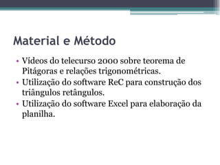 Material e Método
• Vídeos do telecurso 2000 sobre teorema de
Pitágoras e relações trigonométricas.
• Utilização do software ReC para construção dos
triângulos retângulos.
• Utilização do software Excel para elaboração da
planilha.

 