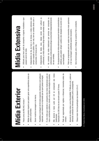 MídiaExterior
31
públicoconsumidor;
especiais,paramaximizaraimpressãoquesequerpassaraotarget;
ruaseambientespúblicos,criandoumarápidarecordaçãodoproduto;
tradicionais;
compra;
oferecidoconteúdodeinteressepúblicojuntoapropaganda;
MídiaExtensiva
possamservirdemidia.
sempreexpostaaopúblico.Comisto,tem-secontatodiretocomo
consumidor,24horaspordia;
proﬁssional,amídiaextensivaatingetodasascamadassociais;
sintonizada,amídiaextensivaatingeoconsumidorindependentemente
desuavontade;
seletivas,poispodematingiropúblicoalvodesejadodeacordocom
sualocalização;
etersuamensagemsubstituídaquandonecessário;
31.ProjetoInter-Meios.Consolidadoem2009.
PÁG.181
 