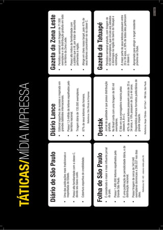 DiáriodeSãoPaulo
respeitadasdoEstado.
devidoseubaixocusto.
TÁTICAS/MÍDIAIMPRESSA
FolhadeSãoPaulo
dopaís.
GrandeSãoPaulo.
distribuiçãonacional.
exemplaresdominicaise286.037nosdias
úteis.
Referência:IVC–IVC-volumemédiojulho09.
DiárioLance
grandestablóidesinternacionais.
territórionacional.
Referência:SiteOﬁcialdaEmpresa
Destak
gratuita.
exemplares.
classesA,BeC.
34anos,e19%possuemde35a44anos.
grandeimpacto.
Referência:IbopeTGIndex-BrY10w1-RMGde.SãoPaulo
GazetadaZonaLeste
exemplaresededistribuiçãogratuitaemtodo
oterritóriodaZonaLeste.
opúblicoqueolê,portratardeassuntos
pertinentesàregião.
seusleitoresconcentram-senaclasseC.
GazetadaTatuapé
63.500exemplares,quecirculaaossábados
edomingosnaregiãodobairrodoTatuapée
vizinhança.
20e39anos,e39%detodoselespertencem
àclasseC.
próximoaoClube.
PÁG.185
 