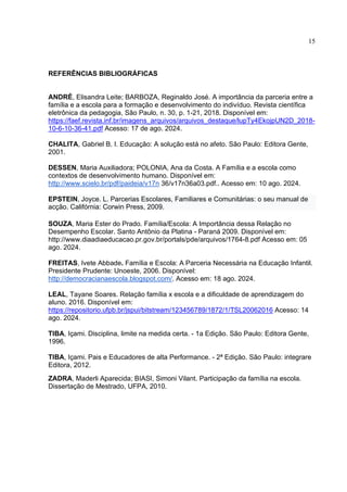 15
REFERÊNCIAS BIBLIOGRÁFICAS
ANDRÉ, Elisandra Leite; BARBOZA, Reginaldo José. A importância da parceria entre a
família e a escola para a formação e desenvolvimento do indivíduo. Revista científica
eletrônica da pedagogia, São Paulo, n. 30, p. 1-21, 2018. Disponível em:
https://faef.revista.inf.br/imagens_arquivos/arquivos_destaque/lupTy4EkojpUN2D_2018-
10-6-10-36-41.pdf Acesso: 17 de ago. 2024.
CHALITA, Gabriel B. I. Educação: A solução está no afeto. São Paulo: Editora Gente,
2001.
DESSEN, Maria Auxiliadora; POLONIA, Ana da Costa. A Família e a escola como
contextos de desenvolvimento humano. Disponível em:
http://www.scielo.br/pdf/paideia/v17n 36/v17n36a03.pdf.. Acesso em: 10 ago. 2024.
EPSTEIN, Joyce. L. Parcerias Escolares, Familiares e Comunitárias: o seu manual de
acção. Califórnia: Corwin Press, 2009.
SOUZA, Maria Ester do Prado. Família/Escola: A Importância dessa Relação no
Desempenho Escolar. Santo Antônio da Platina - Paraná 2009. Disponível em:
http://www.diaadiaeducacao.pr.gov.br/portals/pde/arquivos/1764-8.pdf Acesso em: 05
ago. 2024.
FREITAS, Ivete Abbade. Família e Escola: A Parceria Necessária na Educação Infantil.
Presidente Prudente: Unoeste, 2006. Disponível:
http://democracianaescola.blogspot.com/. Acesso em: 18 ago. 2024.
LEAL, Tayane Soares. Relação família x escola e a dificuldade de aprendizagem do
aluno. 2016. Disponível em:
https://repositorio.ufpb.br/jspui/bitstream/123456789/1872/1/TSL20062016 Acesso: 14
ago. 2024.
TIBA, Içami. Disciplina, limite na medida certa. - 1a Edição. São Paulo: Editora Gente,
1996.
TIBA, Içami. Pais e Educadores de alta Performance. - 2ª Edição. São Paulo: integrare
Editora, 2012.
ZADRA, Maderli Aparecida; BIASI, Simoni Vilant. Participação da família na escola.
Dissertação de Mestrado, UFPA, 2010.
 