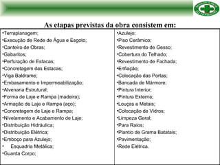 As etapas previstas da obra consistem em: Azulejo; Piso Cerâmico;  Revestimento de Gesso; Cobertura do Telhado; Revestimento de Fachada; Enfiação; Colocação das Portas; Bancada de Mármore; Pintura Interior; Pintura Externa; Louças e Metais; Colocação de Vidros; Limpeza Geral; Para Raios; Plantio de Grama Batatais; Pavimentação; Rede Elétrica. Terraplanagem; Execução de Rede de Água e Esgoto; Canteiro de Obras; Gabaritos; Perfuração de Estacas; Concretagem das Estacas; Viga Baldrame; Embasamento e Impermeabilização; Alvenaria Estrutural; Forma de Laje e Rampa (madeira); Armação de Laje e Rampa (aço); Concretagem de Laje e Rampa; Nivelamento e Acabamento de Laje; Distribuição Hidráulica; Distribuição Elétrica; Emboço para Azulejo; Esquadria Metálica; Guarda Corpo; 