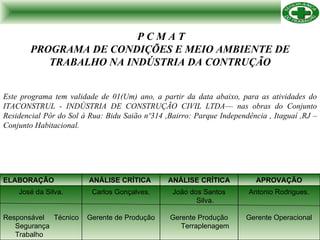 P C M A T PROGRAMA DE CONDIÇÕES E MEIO AMBIENTE DE TRABALHO NA INDÚSTRIA DA CONTRUÇÃO Este programa tem validade de 01(Um) ano, a partir da data abaixo, para as atividades do ITACONSTRUL - INDÚSTRIA DE CONSTRUÇÃO CIVIL LTDA–– nas obras do Conjunto Residencial Pôr do Sol à Rua: Bidu Saião nº314 ,Bairro: Parque Independência , Itaguaí ,RJ – Conjunto Habitacional. Antonio Rodrigues. Gerente Operacional João dos Santos Silva. Gerente Produção Terraplenagem Carlos Gonçalves. Gerente de Produção José da Silva. Responsável Técnico Segurança Trabalho APROVAÇÃO ANÁLISE CRÍTICA ANÁLISE CRÍTICA  ELABORAÇÃO 
