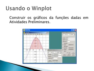 Construir os gráficos da funções dadas em
Atividades Preliminares.
 