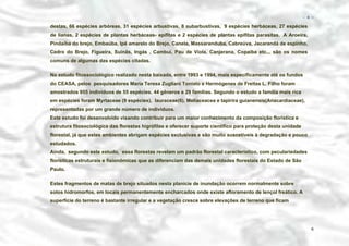 − 6 −

destas, 66 espécies arbóreas, 31 espécies arbustivas, 8 subarbustivas, 9 espécies herbáceas, 27 espécies
de lianas, 2 espécies de plantas herbáceas- epífitas e 2 espécies de plantas epífitas parasitas. A Aroeira,
Pindaíba do brejo, Embaúba, Ipê amarelo do Brejo, Canela, Massaranduba, Cabreúva, Jacarandá de espinho,
Cedro do Brejo, Figueira, Suinãs, Ingás , Cambuí, Pau de Viola, Canjerana, Copaíba etc... são os nomes
comuns de algumas das espécies citadas.
No estudo fitossociológico realizado nesta baixada, entre 1993 e 1994, mais específicamente até os fundos
do CEASA, pelos pesquisadores Maria Teresa Zugliani Toniato e Hermógenes de Freitas L. Filho foram
amostrados 955 índivíduos de 55 espécies, 44 gêneros e 29 famílias. Segundo o estudo a família mais rica
em espécies foram Myrtaceae (9 espécies), lauraceae(6), Meliaceacea e tapirira guianensis(Anacardiaceae),
representadas por um grande número de indivíduos.
Este estudo foi desenvolvido visando contribuir para um maior conhecimento da composição florística e
estrutura fitosociológica das florestas higrófilas e oferecer suporte cientifico para proteção desta unidade
florestal, já que estes ambientes abrigam espécies exclusivas e são muito suscetíveis à degradação e pouco
estudados.
Ainda, segundo este estudo, essa florestas revelam um padrão florestal característico, com peculariedades
florísticas estruturais e fisionômicas que as diferenciam das demais unidades florestais do Estado de São
Paulo.
Estes fragmentos de matas de brejo situados nesta planície de inundação ocorrem normalmente sobre
solos hidromorfos, em locais permanentemente encharcados onde existe afloramento de lençol freático. A
superfície do terreno é bastante irregular e a vegetação cresce sobre elevações de terreno que ficam

6

 
