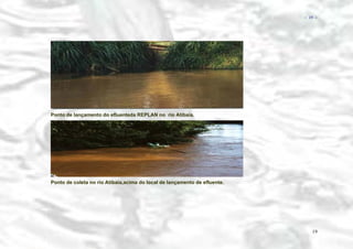 − 19 −

Ponto de lançamento do efluenteda REPLAN no rio Atibaia.

Ponto de coleta no rio Atibaia,acima do local de lançamento de efluente.

19

 