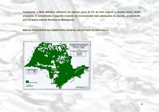 − 48 −

Atualmente, a Mata Atlântica sobrevive em apenas cerca de 8% da área original e, mesmo assim, ainda
ameaçada. É considerada o segundo conjunto de ecossistemas mais ameaçados do planeta, só perdendo
para as quase extintas florestas de Madagascar.

MAPAS EVOLUTIVOS DA COBERTURA VEGETAL NO ESTADO DE SÃO PAULO

48

 