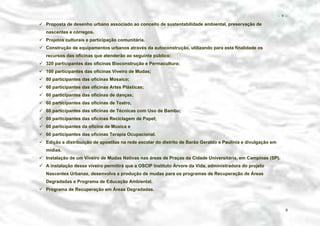 − 9 −

Proposta de desenho urbano associado ao conceito de sustentabilidade ambiental, preservação de
nascentes e córregos.
Projetos culturais e participação comunitária.
Construção de equipamentos urbanos através da autoconstrução, utilizando para esta finalidade os
recursos das oficinas que atenderão ao seguinte público:
320 participantes das oficinas Bioconstrução e Permacultura;
100 participantes das oficinas Viveiro de Mudas;
80 participantes das oficinas Mosaico;
60 participantes das oficinas Artes Plásticas;
60 participantes das oficinas de danças;
60 participantes das oficinas de Teatro,
60 participantes das oficinas de Técnicas com Uso de Bambu;
60 participantes das oficinas Reciclagem de Papel;
60 participantes da oficina de Música e
60 participantes das oficinas Terapia Ocupacional.
Edição e distribuição de apostilas na rede escolar do distrito de Barão Geraldo e Paulinia e divulgação em
mídias.
Instalação de um Viveiro de Mudas Nativas nas áreas de Praças da Cidade Universitária, em Campinas (SP).
A instalação desse viveiro permitirá que a OSCIP Instituto Árvore da Vida, administradora do projeto
Nascentes Urbanas, desenvolva a produção de mudas para os programas de Recuperação de Áreas
Degradadas e Programa de Educação Ambiental.
Programa de Recuperação em Áreas Degradadas.

9

 