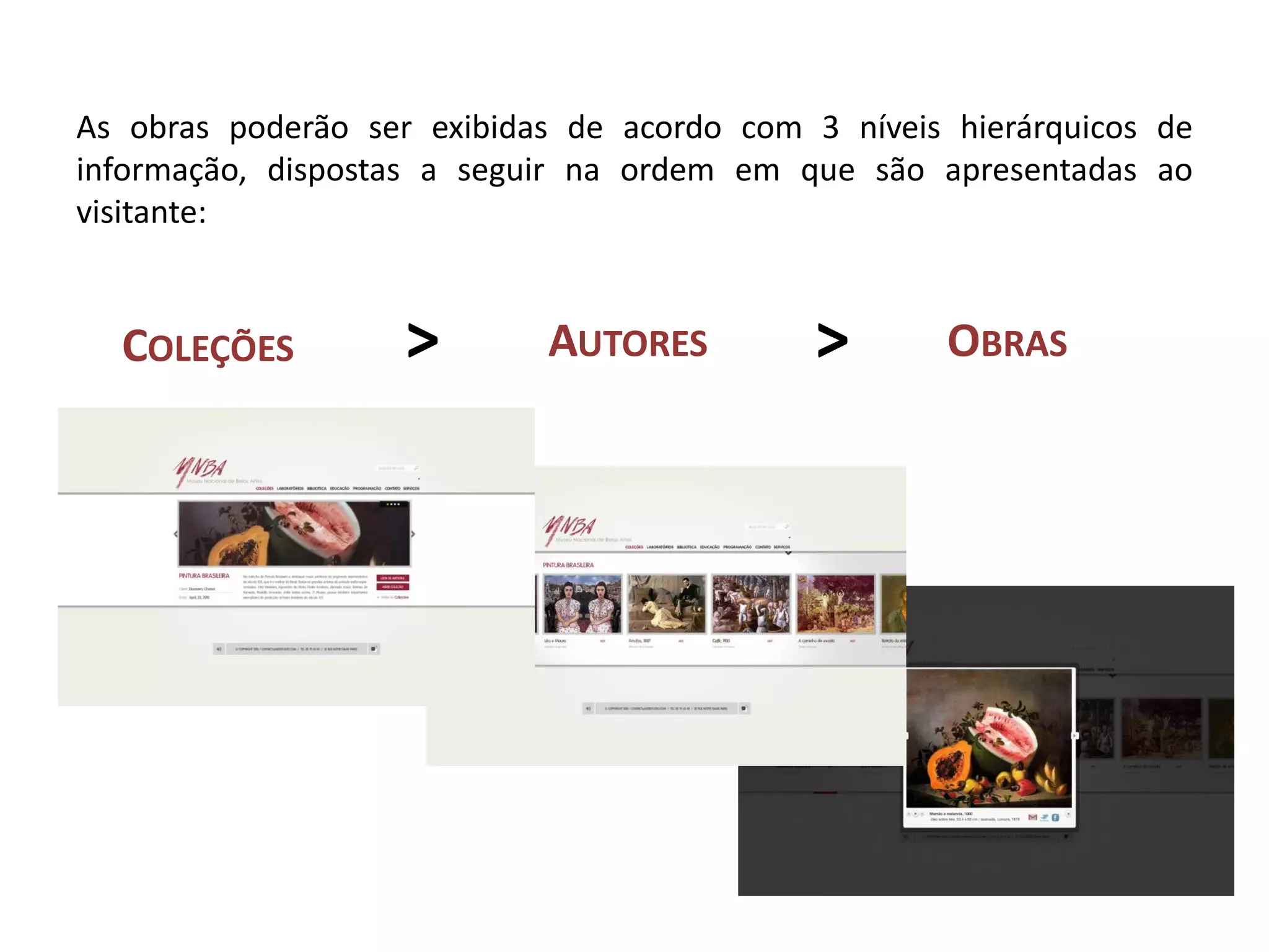 As obras poderão ser exibidas de acordo com 3 níveis hierárquicos de
informação, dispostas a seguir na ordem em que são apresentadas ao
visitante:


  COLEÇÕES          >       AUTORES         >        OBRAS
 