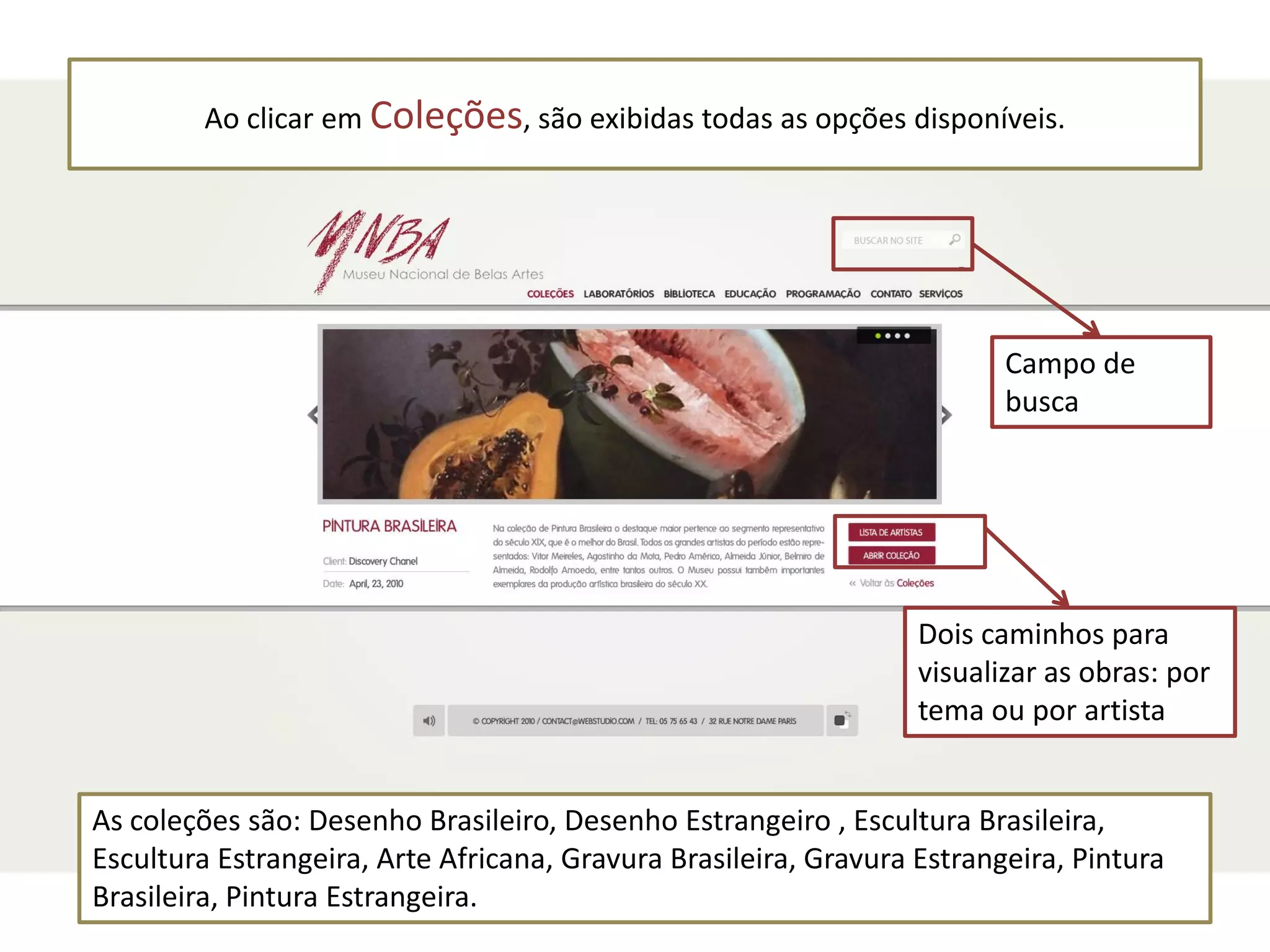 Ao clicar em Coleções, são exibidas todas as opções disponíveis.




                                                                         Campo de
                                                                         busca




                                                                  Dois caminhos para
                                                                  visualizar as obras: por
                                                                  tema ou por artista


As coleções são: Desenho Brasileiro, Desenho Estrangeiro , Escultura Brasileira,
Escultura Estrangeira, Arte Africana, Gravura Brasileira, Gravura Estrangeira, Pintura
Brasileira, Pintura Estrangeira.
 