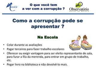 O que você tem
a ver com a corrupção ?
Na Escola
• Colar durante as avaliações
• Pagar terceiros para fazer trabalho escolares
• Oferecer ou exigir vantagem para ser eleito representante de sala,
para furar a fila da merenda, para entrar em grupo de trabalho,
etc.
• Pegar livro na biblioteca e não devolvê-lo mais.
Como a corrupção pode se
apresentar ?
 
