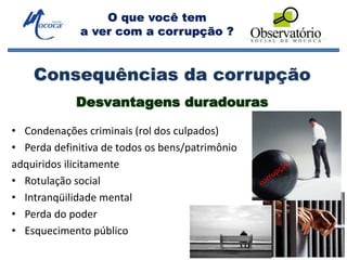 O que você tem
a ver com a corrupção ?
Consequências da corrupção
• Condenações criminais (rol dos culpados)
• Perda definitiva de todos os bens/patrimônio
adquiridos ilicitamente
• Rotulação social
• Intranqüilidade mental
• Perda do poder
• Esquecimento público
Desvantagens duradouras
 